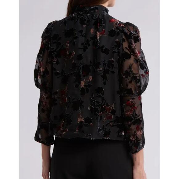 Black Floral Velvet Burnout Sheer Mock Neck Blouse Top - Picture 2 of 9